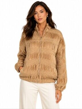 A.D.S Vintage Camel Textured Pleated Zip Front Jacket L Lightweight Statement